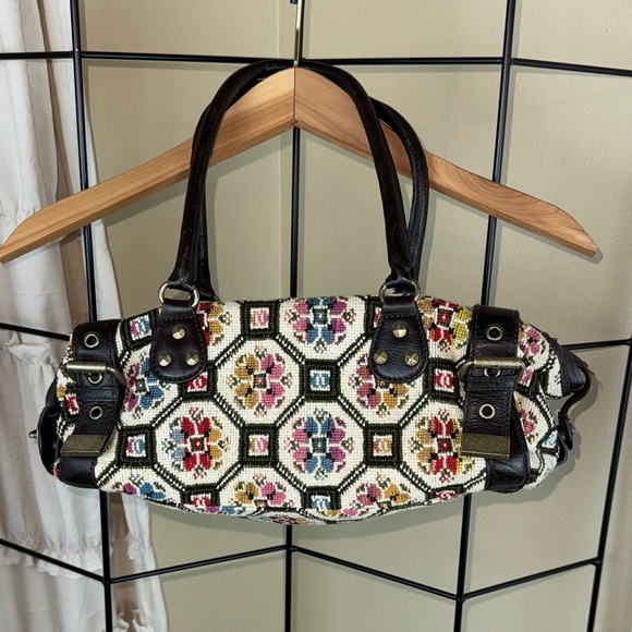 Anthropologie Handbags - Anthropologie Nest Cross Stitch Embroidery Purse Bag Satchel Leather Handles